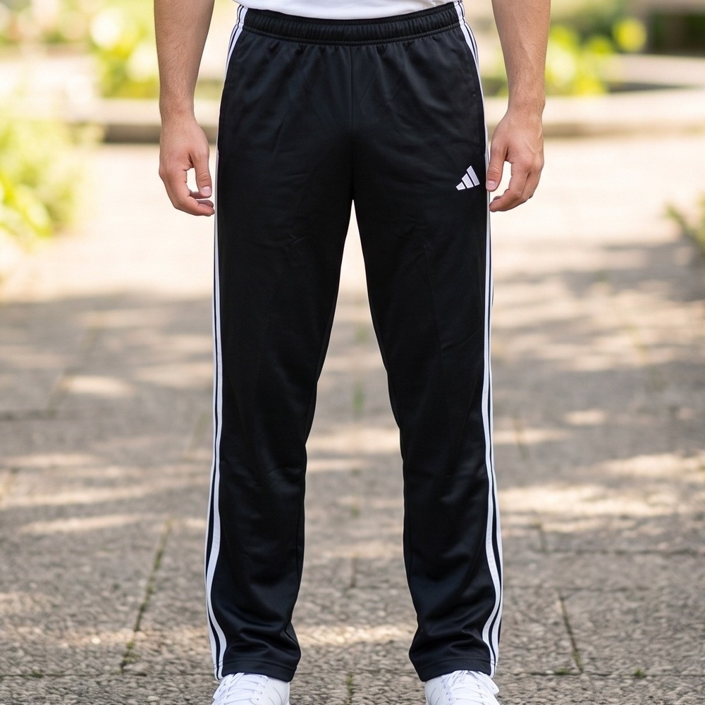 Adidas Track Pants Mens Large Black 3-Stripes Tricot Open Hem KG5476 NEW